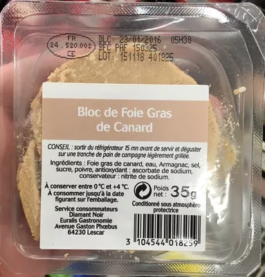 Bloc de Foie Gras de Canard Sans marque, Diamant Noir, Euralis Gastronomie 35 g, code 3104544018259