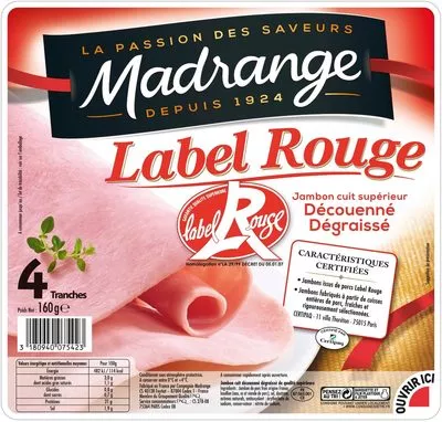 Jambon cuit supérieur Label Rouge sans couenne Madrange 160 g (4 Tranches), code 3180940075423