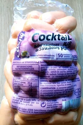 Cocktails mini saucisses de Strasbourg pur porc Casino 400 g, code 3222471021101