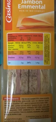 Sandwich Jambon Emmental Pain de mie complet Casino 145 g, code 3222472642473