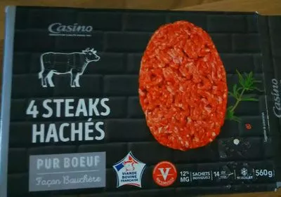 4 steaks hachés pur boeuf façon bouchère Casino 4 x 140 g, code 3222477016071