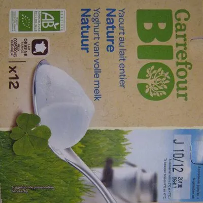 Yaourts nature au lait entier x12 Bio Carrefour Carrefour bio 1,5kg (12 x 125g), code 3245413442338