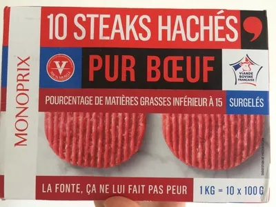 10 Steaks Hachés Pur Bœuf Surgelés Monoprix 10 * 100 g (1 kg), code 3248650034267