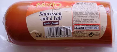 Saucisson cuit à l'ail goût fumé Netto, Les Mousquetaires 400 g, code 3250390465317