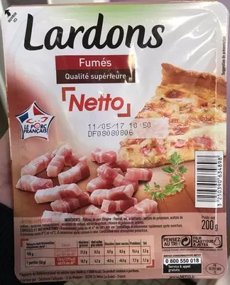 Lardons sans couenne fumés Netto, Les Mousquetaires 200 g, code 3250390634898