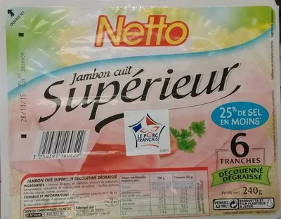 Jambon cuit supérieur (25% de sel en moins) Netto 240 g, code 3250391160822