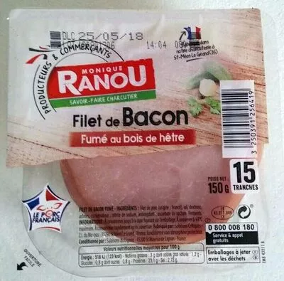 Filet de Bacon Fumé au bois de hêtre Monique Ranou 150 g, code 3250391256419