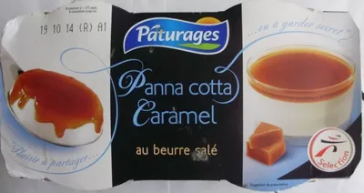 Panna cotta Caramel au beurre salé (2 pots) Pâturages, Intermarché 240 g ([2 x (105 g + 15 g caramel)], code 3250391334728