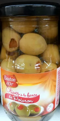 Olives à la Farce de Poivron Bouton d'Or, Intermarché 198 g (égoutté : 120 g e), code 3250391522491