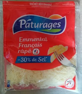 Emmental français râpé -30% de sel Pâturages, Intermarché 150 g, code 3250392404499