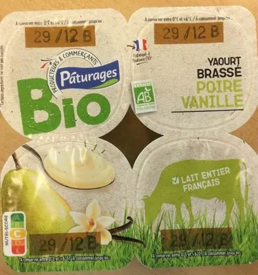 Yaourt brassé poire vanille BIO Intermarché pâturages , code 3250392722760