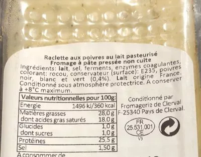 Raclette aux poivres au lait pasteurisé FTRECAL 200 g, code 3250550015901