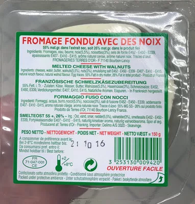 Fromage fondu avec des noix Terres D’or, Sans marque, Fromageries Terres d'Or 150 g, code 3253130009420