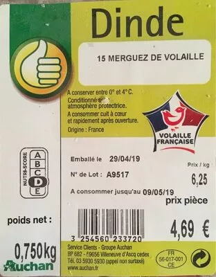 Merguez de Volaille Auchan 750 g, code 3254560233720