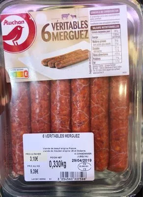 6  Véritables Merguez Auchan 0,330 kg, code 3254560337596