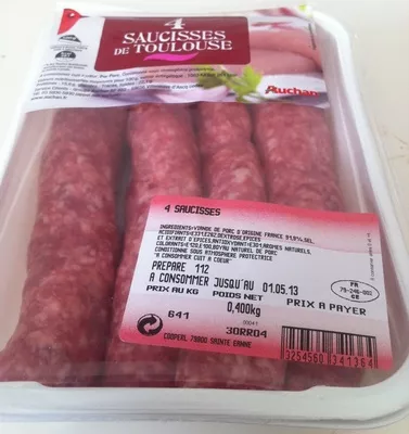 4 Saucisses de Toulouse Auchan 0,400 kg , code 3254560341364