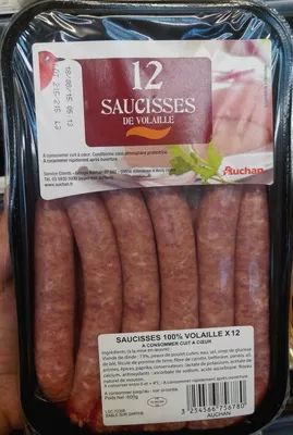 12 Saucisses de Volaille Auchan, L'oiseau 600 g, code 3254566756780