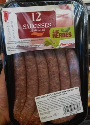 12 Saucisses de Volaille aux Herbes Auchan, L'oiseau 600 g, code 3254566756797