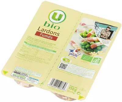 Lardons fumés VPF U Bio,  U 2 baquettes de 75 g, code 3256220506656