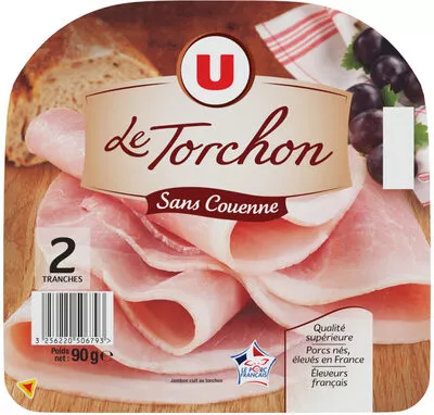 Jambon cuit supérieur sans couenne au torchon U 2 tranches, 90 g, code 3256220506793