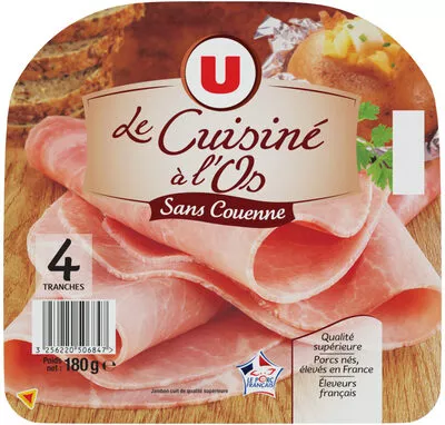 Jambon à l'os découenné et dégraissé U 4 tranches soit 180 g, code 3256220506847