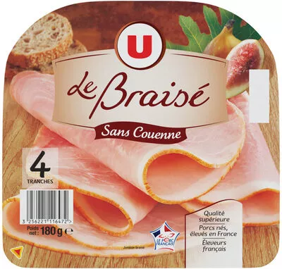 Jambon braisé découenné U 4 tranches fines, 180 g, code 3256221116472