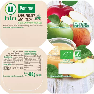 Purée de pommes bio U 4 pots de 100 g soit 400 g, code 3256221407549