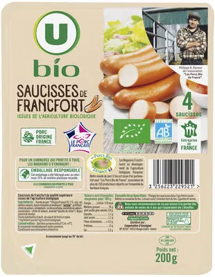 Saucisses de Francfort Bio U Bio,  U x4 soit 200 g, code 3256223229521