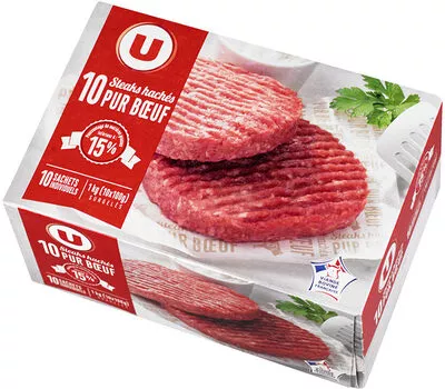 Steaks hachés pur boeuf U boîte de 10 unités de 100 g, code 3256224170150