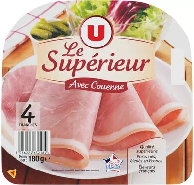 Jambon cuit supérieur avec couenne U x4 soit 180 g, code 3256224632184