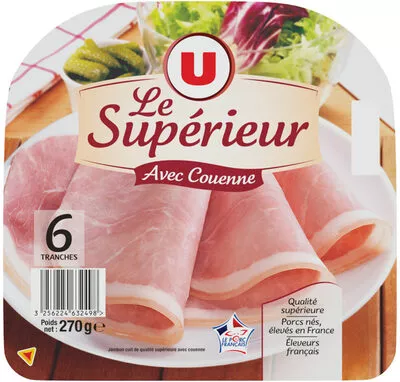 Jambon supérieur avec couenne U 6 tranches soit 270 g, code 3256224632498