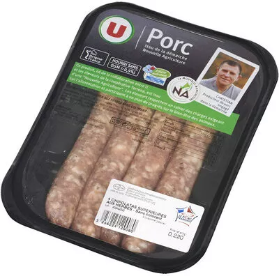 Chipolata herbe supérieure gros grain U 4 pièces, barquette de 220 g, code 3256225037308