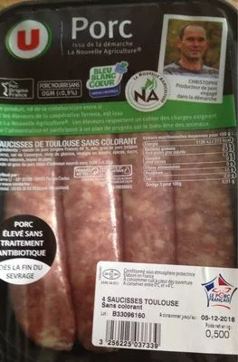 Saucisse toulouse gros grain U 4 pièces, barquette, 500 g, code 3256225037339