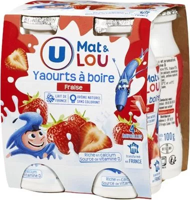 Yaourt à boire sucré pulpe de fraise U Mat & Lou,  U 4 x 100 g, code 3256225051083