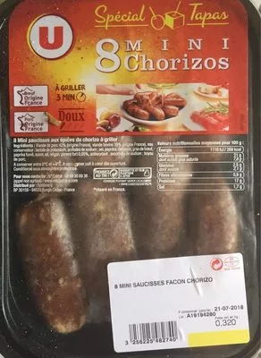 Mini saucisse façon chorizo à griller U 8 pièces, barquette,320 g, code 3256225482740