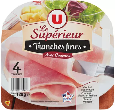 Jambon cuit supérieur avec couenne U 4 tranches fines, 120 g, code 3256225725687