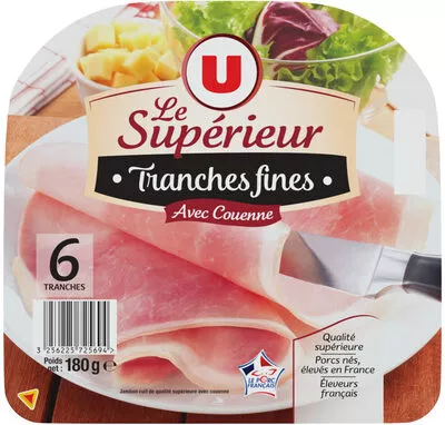 Jambon cuit supérieur avec couenne U 6 tranches fines, 180 g, code 3256225725694