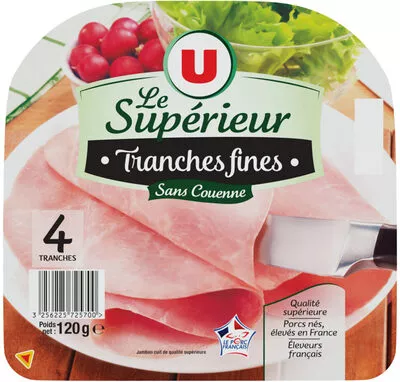 Jambon cuit supérieur sans couenne U 4 tranches fines, 120 g, code 3256225725700