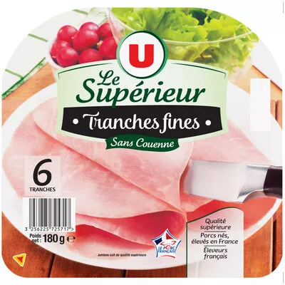 Jambon cuit supérieur sans couenne U 6 tranches fines, 180 g, code 3256225725717