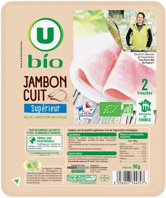 Jambon cuit supérieur bio U Bio,  U 2 tranches 90 g, code 3256227744747