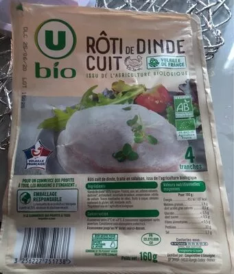 Rôti de dinde U Bio,  U x4 soit 160 g, code 3256227751738