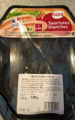 Saucisses blanche cora Cora, Groupe Louis Delhaize 400 g, code 3257981030046