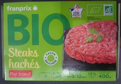 Steaks hachés Pur boeuf Franprix Bio 400 g (4 * 100 g), code 3263858400416