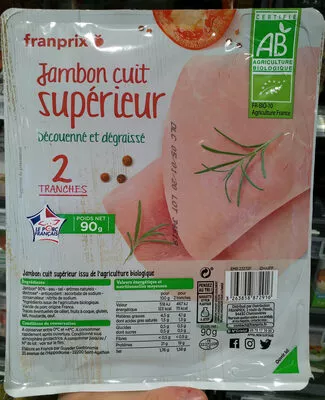 Jambon cuit supérieur Franprix Bio, Franprix 90 g, code 3263858872916