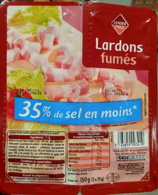 Lardons fumés (-35 % de sel) Leader Price 150 g (2 x 75 g), code 3263859093419