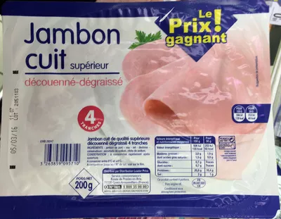 Jambon cuit supérieur - 4 Tranches (découenné-dégraissé) Le Prix ! gagnant, DLP (Distribution Leader Price), Groupe Casino 200 g , code 3263859095710