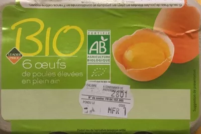 Oeufs de poules élevées en plein air Bio Leader Price 6 oeufs (calibre Moyen => 53 à 63 g), code 3263859421014