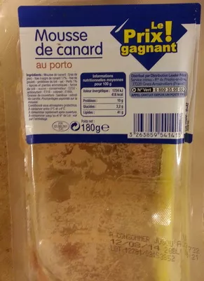 Mousse de canard au porto Leader Price, Le Prix ! gagnant, DLP (Distribution Leader Price), Groupe Casino 180 g, code 3263859541415