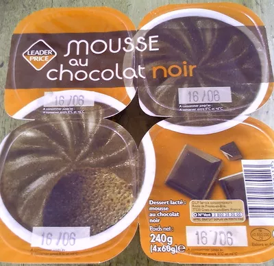 Mousse au chocolat noir  Leader Price, DLP (Distribution Leader Price), Groupe Casino 240 g (4 x 60 g), code 3263859680213