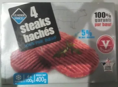 4 steaks hachés surgelés Leader Price 4 * 100 g (400 g), code 3263859862213